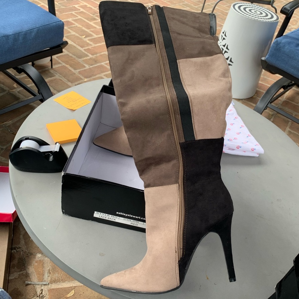 Black and brown suede boots